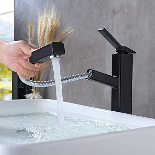 KAIYING Badezimmer Pull Down Vessel Spülbecken Wasserhahn, Einloch Waschbecken Wasserhahn mit herausziehbarem Sprüher, Einhandgriff Utility Mischbatterie mit drehbarem Auslauf (hoch, schwarz) von KAIYING