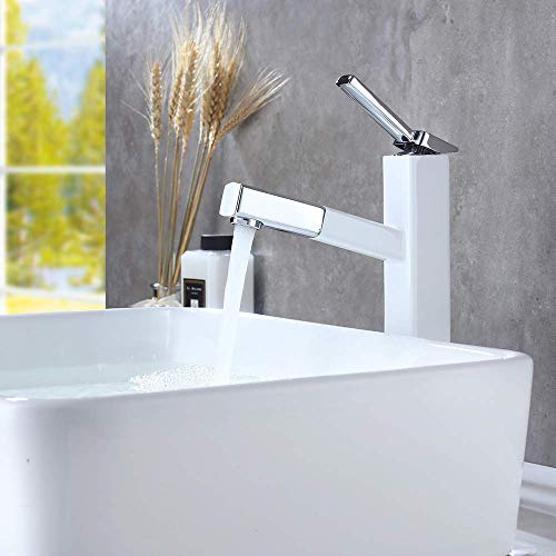 KAIYING Badezimmer Pull Down Vessel Spüle Wasserhahn, Einloch Waschbecken Wasserhahn mit herausziehbarem Sprüher, Einhandgriff Utility Mischbatterie mit drehbarem Auslauf (hoch, chrom und weiß) von KAIYING