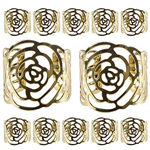 12 Stück Serviettenringe Set,KAKOO Metal Rose Morderne Serviettenhalter für Hochzeit Geburtstag Weihnachten Taufe Tisch Dekoration (golden) von KAKOO