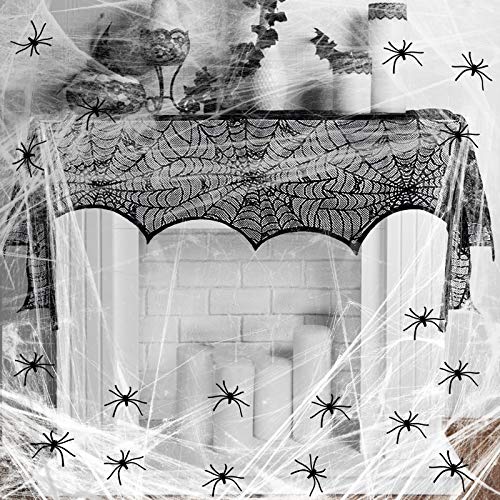 KAKOO 32tlg Grusel Deko Set Schwarz Spitze Spinnennetz Kamin Tür Dekostoff mit 60g Spinnweben und 30 Spinnen Horror für Karneval Fasching Halloween Party Dekoration von Tisch, Haus und Garten von KAKOO