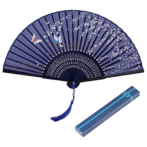 KAKOO Japanischer Handfächer mit Geschenkbox Schmetterling und Blütenkirsche Stofffächer Fächer Wandfächer Hochzeit Party Karneval Blau (Blau-Schmetterling und Blütenkirsche) von KAKOO