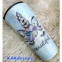Weißer Opal Marmorierter Becher Mit Aquarell-Einhorn-Aufkleber // Glitter Getauchte Einhorntasse Personalisierte - Fügen Sie Einen Namen/Ein von KAKcrochet