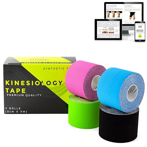 KALAHARI 4 x Rollen Kinesiologie Tape mit e-Book Anleitung auf Deutsch – Wasserdicht Kinesiology Tape für bessere Haftbarkeit und Undurchlässigkeit gegenüber Wasser und Schweiß – Kinesio (5cm x 5m) von KALAHARI 4 wellness