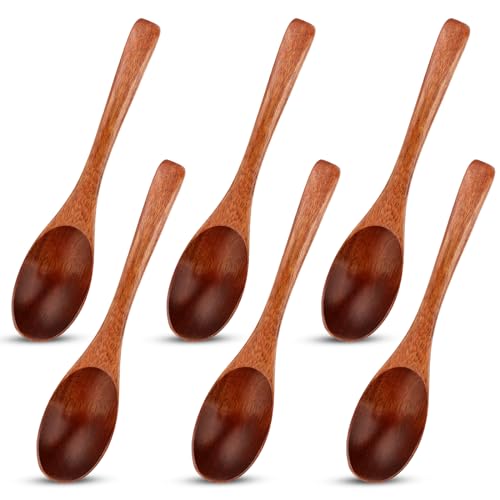 Holzlöffel Esslöffel, 6 Stück Holzlöffel Suppenlöffel Set, 14,5 cm Dessertlöffel Suppenlöffel, langen Griff Nanmu Holz Suppenlöffel Set für Honig, Gewürze, Essen, Kochen von KALIONE