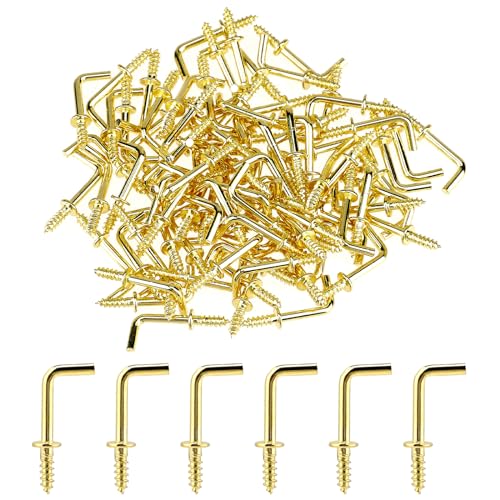 KALIONE 150 Stück winzige L-Haken zum Aufhängen, 1,27 cm Schraubhaken, quadratisch, gebogene Haken, Mini-L-Form, rechtwinklige Schraubhaken, kleine rechtwinklige Haken, Mini-Metall-Schraubhaken (Gold) von KALIONE