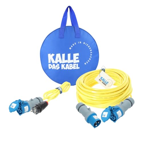 KALLE DAS KABEL Camping Starter Set Polyurethan Campingkabel 25 m Campingkabel Standard + Adapterkabel (H07BQ-F 3G 2,5 mm² Gelb Polyurethan-Verlängerung) von KALLE DAS KABEL