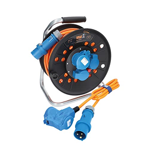 KALLE DAS KABEL Kabeltrommel Camping CEE-Campingkabeltrommel Wohnmobil-Kabeltrommel H07BQ-F 3G 2,5mm² EXTREME SIGNAL 25 Meter Kabeltrommel + Anschlussleitung mit Winkelkupplung 1,5m von KALLE DAS KABEL