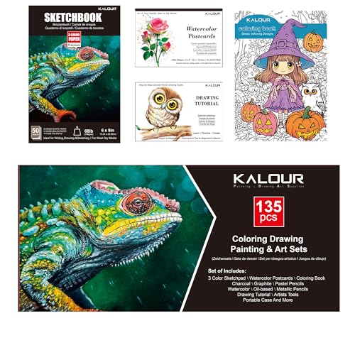 KALOUR Kunst-Set, 135-teiliges Zeichen- und Malzubehör mit Skizzenbuch, Aquarell-Postkarten, Malbuch, Tutorial, Bleistiften KALOUR Kunst-Set, 135-teiliges Zeichen- und Malzubehör mit Skizzenbuch, Aquarell-Postkarten, Malbuch, Tutorial, Bleistiften von KALOUR