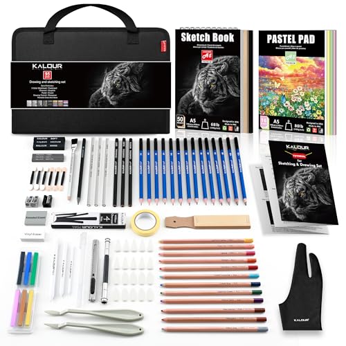 KALOUR 95-teiliges Skizzier- und Zeichenkunst-Set mit 3-farbigem Skizzenbuch und Pastellpapier, Graphit-, Kohle- und Pastellstifte, komplettes Künstlerset für Anfänger und Profis von KALOUR