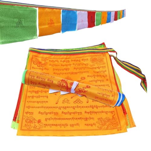 KALUROIL Gebetsfahnen -Tibetische Gebetsfahnen 3,5m - 20 Fähnchen (34x35cm) | Traditioneller Holzmodeldruck | Seide | Bronzieren | Wimpelkette | Outdoor | insgesamt 7 Meter von KALUROIL