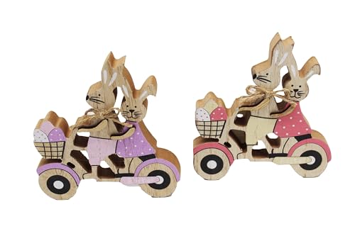KAMACA 2er Set Hase aus Holz Osterdeko Osterfigur Frühling Frühlingsdeko Fensterbank Wohnzimmer Dekohase (2er Set Hasenpaar auf Roller) von KAMACA