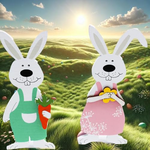 KAMACA 2er Set Lustiger Hase mit Hasenzähnen aus Holz Osterdeko Osterfigur Frühling Frühlingsdeko Fensterbank Wohnzimmer Dekohase (2er Set Lustiger Hase) von KAMACA