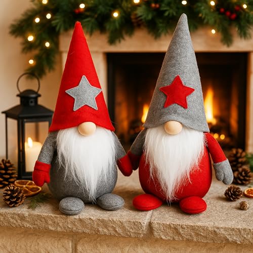KAMACA 2er-Set Weihnachtswichtel ca. 25 × 15 cm in Rot & Grau mit Zipfelmütze flauschigem Rauschebart Deko für Fensterbank Kaminsims Geschenkidee Weihnachten Winter (2er Set Wichtel grau rot) von KAMACA