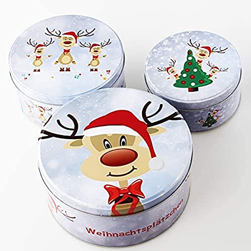 KAMACA 3 er SET Keksdosen Gebäckdosen Aufbewahrungsdosen rund praktisch und stillvoll zu Winter Advent Weihnachten (3er Set Gebäckdose Rentier Ole) von KAMACA