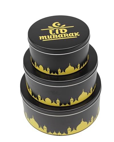 KAMACA 3 er SET Keksdosen Metalldosen Plätzchendose Ramadan rund praktisch stillvoll zum Zuckerfest luftdichte Aufbewahrung für Snacks Süßigkeiten (3er Set Eid Mubarak) von KAMACA