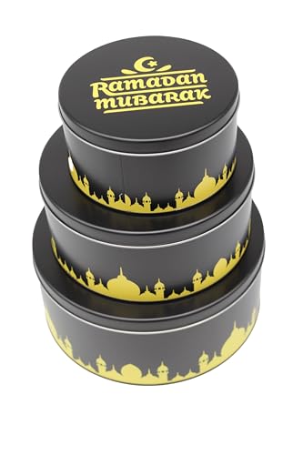 KAMACA 3 er SET Keksdosen Metalldosen Plätzchendose Ramadan rund praktisch stillvoll zum Zuckerfest luftdichte Aufbewahrung für Snacks Süßigkeiten (3er Set Ramadan Mubarak) von KAMACA
