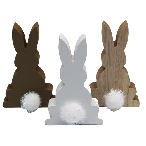 KAMACA 3er Set Osterhase aus Holz mit niedlichen Puscheln Osterdeko Osterfigur Frühling Frühlingsdeko Fensterbank Wohnzimmer Dekohase (3er Set Hase) von KAMACA