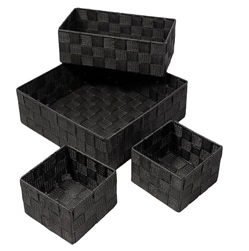KAMACA 4er Set Aufbewahrungsbox in Rattan Optik Regalkorb stapelbar Aufbewahrungskorb geflochten Mehrzweck-Korb Aufbewahrung Küche Bad Wohnzimmer (4er Set Aufbewahrungsbox schwarz) von KAMACA