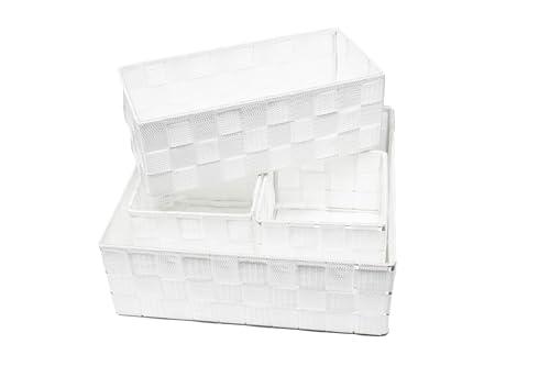 KAMACA 4er Set Aufbewahrungsbox in Rattan Optik Regalkorb stapelbar Aufbewahrungskorb geflochten Mehrzweck-Korb Aufbewahrung Küche Bad Wohnzimmer (4er Set Aufbewahrungsbox weiss) von KAMACA