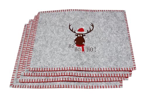 KAMACA 4er Set Tischsets/Platzsets Platzmatten Rentier aus Filz GRAU abwaschbar & rutschfest Eyecatcher für Winter Advent Weihnachten Größe 30x40 cm (4er Set Filz Rentier HOHOHO) von KAMACA