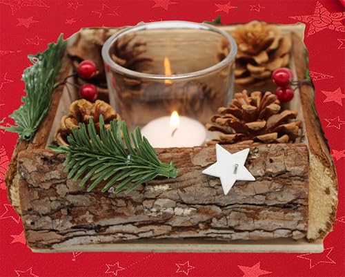 KAMACA Adventsgesteck mit Deko wie Tannenzapfen Beeren Einer Holzumrandung und 1 Glas Kerzenhalter Advent Weihnachten Adventsdeko Kerzenständer (Adventsgesteck 1 Teelichthalter 16x16x8 cm) von KAMACA