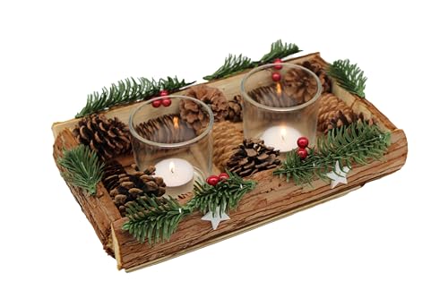 KAMACA Adventsgesteck mit Deko wie Tannenzapfen Beeren Holzumrandung und 2 Glas Kerzenhaltern Advent Weihnachten Adventsdeko Kerzenständer (Adventsgesteck 2 Teelichthalter 28x15x11 cm) von KAMACA