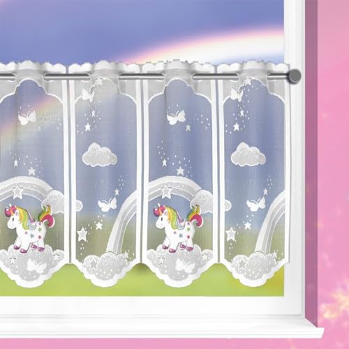 KAMACA Bistrogardine Scheibengardine Kindergardine in der Breite kürzbar Kurzstore transparent Kinderzimmer Kind Junge Mädchen (HxB 45x140 cm Regenbogen Einhorn) von KAMACA