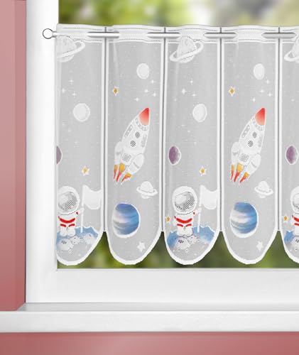 KAMACA Bistrogardine Scheibengardine Kindergardine in der Breite kürzbar Kurzstore transparent Kinderzimmer Kind Junge Mädchen (HxB 50x140 cm Astronaut) von KAMACA