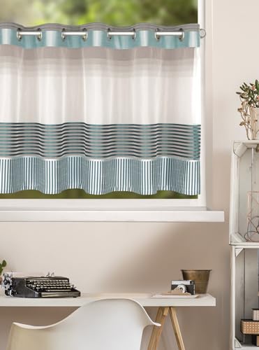 KAMACA Bistrogardine mit Ösen Panneau Scheibengardine Küchengardine Kurzstore transparent Küche Ösenpanneau Voile ganzjährig (HxB 45x145 cm Alexis Petrol/grau) von KAMACA