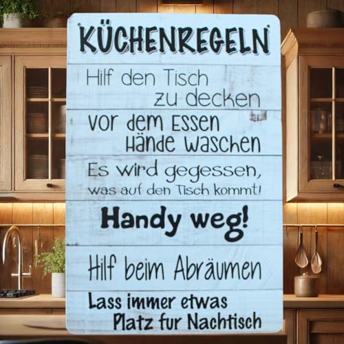 KAMACA Metall Schild mit Küchenregeln Wandschild mit lustigen Sprüchen charmante Wand - Dekoration für Ihre Küche Blechschild zum Aufhängen (Metallschild Küchenregeln) von KAMACA