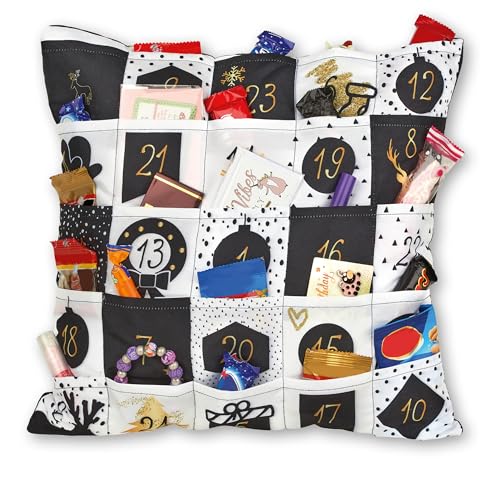 KAMACA Originelles Adventskalender Kissen mit 24 Taschen zum selber Befüllen Größe 40x40 cm tolle Geschenk - Idee zu Weihnachten weich und nachhaltig (Adventskalender Kissen Black/White) von KAMACA