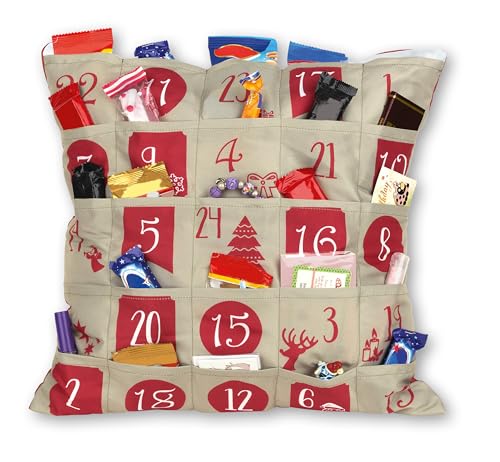 KAMACA Originelles Adventskalender Kissen mit 24 Taschen zum selber Befüllen Größe 40x40 cm tolle Geschenk - Idee zu Weihnachten weich und nachhaltig (Adventskalender Kissen Nostalgie) von KAMACA