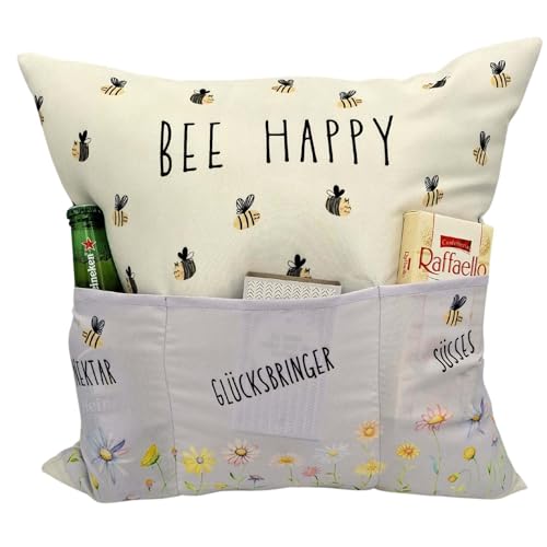 KAMACA Originelles Dekokissen Kissen mit 3 Taschen 43x43 cm mit Spruch Geschenkidee für Frauen Freundinnen und Geburtstage Originelles Sofakissen zum Selbstgestalten Geburtstag (Bee Happy) von KAMACA
