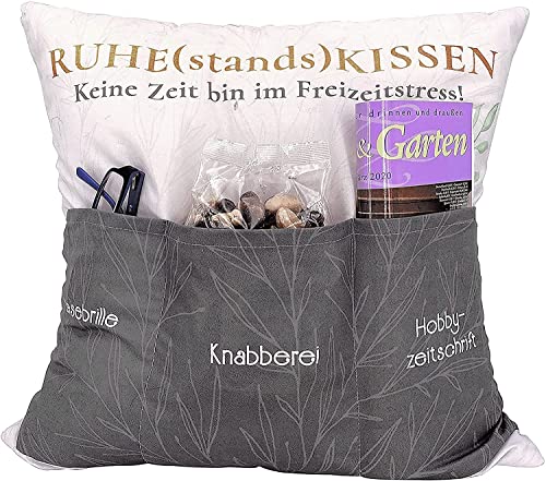 KAMACA Originelles Dekokissen Kissen mit 3 Taschen zum selber Befüllen Größe 43x43 cm tolles Geschenk für EIN gelungenen Sofaabend Filmabend (Ruhestandskissen) von KAMACA