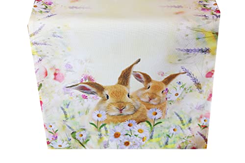 KAMACA Tischläufer Frühling Ostern Blumen Hasen Dekor Osterhasen Ostereier Bunt Waschbar Küche Esstisch Tisch Dekoration (40x140cm Hasen auf der Blumenwiese) von KAMACA