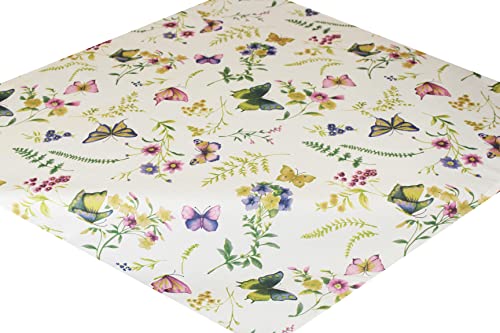 KAMACA Tischdecke Schmetterlinge auf der Blumenwiese cremefarben floral Bedruckt Frühlingstischdecke waschbar Sommer für Küche Balkon Garten Wohnzimmer ganzjährig (Tischdecke eckig 110x110 cm) von KAMACA