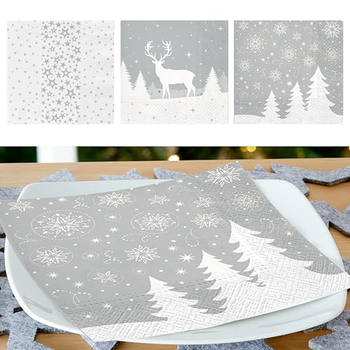 KAMACA Servietten Papierservietten Motivservietten Weihnachtsmotiv 3 lagig 33x33 cm stilvolle Tischdekoration Feier Fest Advent Weihnachten (120 Servietten Weihnachten silber) von KAMACA