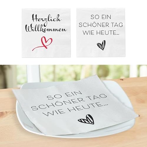 KAMACA Servietten Papierservietten Spruch „Herzlich Willkommen" und „So ein schöner Tag wie heute.." stillvolle Tischdeko Feier Fest Weihnachten (80 Servietten Willkommen + So ein schöner Tag) von KAMACA