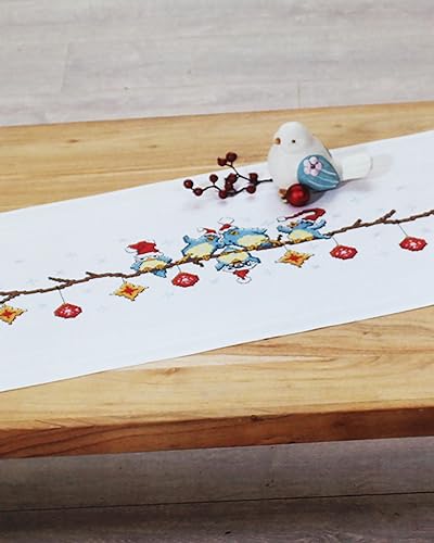 KAMACA Stickpackung Kreuzstich vorgezeichnet Baumwolle komplettes Stickset mit Stickvorlage Stickerei-Kit zum Selbersticken Erwachsene (Lustige Weihnachts – Vögel TL 40x100 cm) von KAMACA