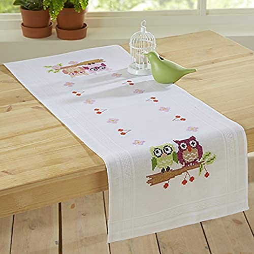 KAMACA Stickpackung Kreuzstich vorgezeichnet Baumwolle komplettes Stickset mit Stickvorlage Stickerei-Kit zum Selbersticken Erwachsene (Verliebtes Eulenpaar TL 40x100 cm) von KAMACA