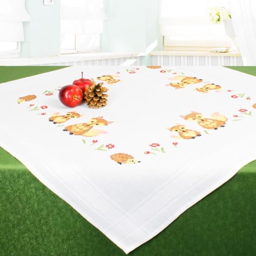 KAMACA Stickpackung Tischdecke Kreuzstich vorgezeichnet komplettes Stickset mit Stickvorlage Stickerei-Kit zum Selbersticken Erwachsene (Tiere des Waldes MD 80x80 cm) von KAMACA