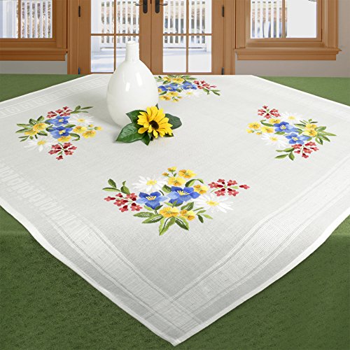 KAMACA Stickpackung Tischdecke Plattstich Stielstich Blumen vorgedruckte Stickdecke inkl. Stickgarn Stickvorlage und Anleitung Stickset zum Selbersticken für Erwachsene (Alpenblumen MD 80x80 cm) von KAMACA