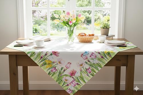 KAMACA Tischdecke mit Blumen quadratisch mit Aquarell-Tulpen & zarten Schmetterlingen frühlingshafte Deko für Esszimmer Küche Wohnzimmertisch Frühling Sommer (Mitteldecke 85x85 cm Tulpenpracht) von KAMACA