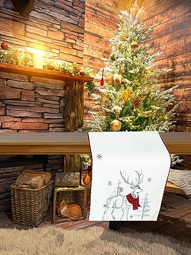 KAMACA Tischläufer 40x85 cm mit filigraner Stickerei Küche Esstisch Tisch Dekoration Eyecatcher in Herbst Winter Weihnachten (Rentier mit rotem Schal) von KAMACA