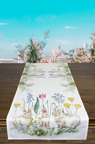 KAMACA Tischläufer Frühling Ostern Blumen Hasen Dekor Osterhasen Ostereier Bunt Waschbar Küche Esstisch Tisch Dekoration (40x140 Hasen - Familie) von KAMACA