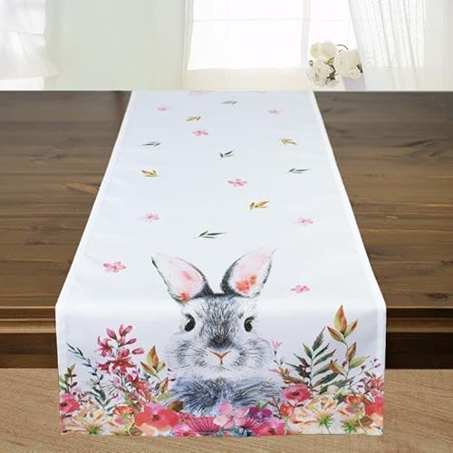 KAMACA Tischläufer Frühling Ostern Blumen Hasen Dekor Osterhasen Ostereier Bunt Waschbar Küche Esstisch Tisch Dekoration (40x140 Süßer Hase) von KAMACA