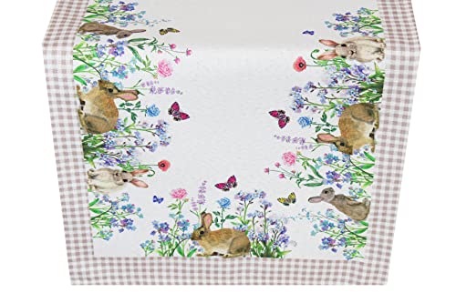 KAMACA Tischläufer Frühling Ostern Blumen Hasen Dekor Osterhasen Ostereier Bunt Waschbar Küche Esstisch Tisch Dekoration (40x140cm Häschen in der Blumenwiese) von KAMACA