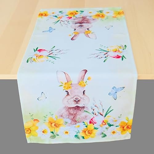 KAMACA Tischläufer Frühling Ostern Blumen Hasen Dekor Osterhasen Ostereier Bunt Waschbar Küche Esstisch Tisch Dekoration (40x140cm Hasen und Osterglocken) von KAMACA