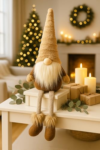 KAMACA Wichtel braun Deko Weihnachtswichtel aus Stoff mit Zipfelmütze Rauschebart & Schlenkerbeinen Skandi Winterdeko für Fensterbank Kaminsims Treppe Geschenkidee (Kantenhocker braun 21x55x14) von KAMACA