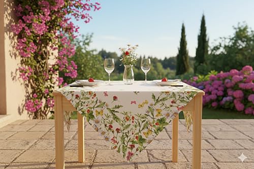 KAMACA Wiesenblumen und Schmetterlinge hochwertiges Druck-Motiv mit Blumen Garten, Outdoor, und Haus in Frühling Sommer Ostern und Frühlingstischdecke (Mitteldecke 85x85 cm) von KAMACA